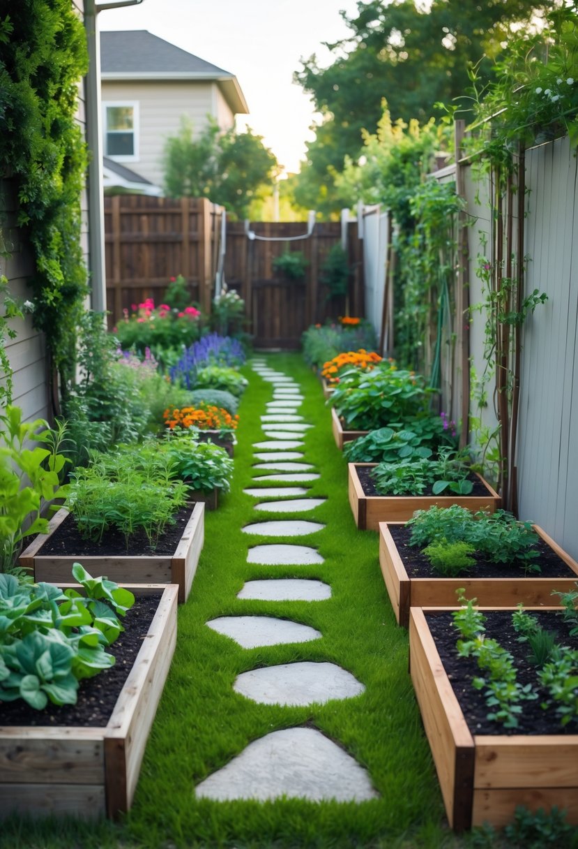 A small backyard side yard with a stone pathway, green grass, colorful flowers, raised garden beds, and climbing plants along a fence.