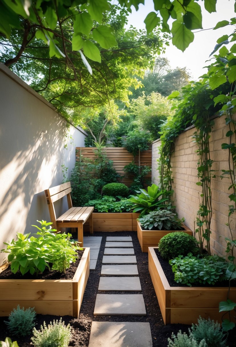 A small courtyard garden with raised wooden planters, green plants, a stone pathway, and a wooden bench against a brick wall with climbing vines.