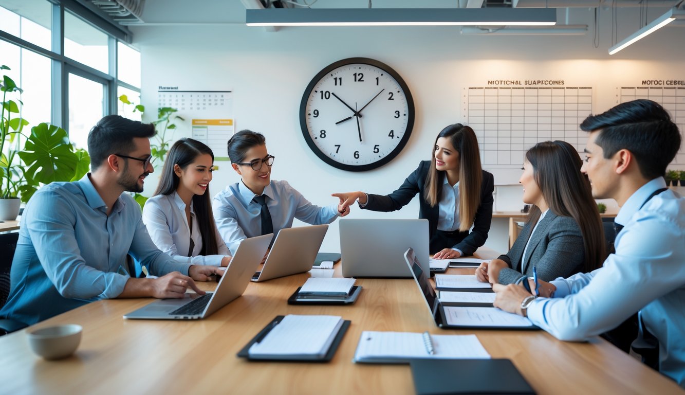 Sekelompok profesional muda bekerja sama di kantor modern dengan jam dinding besar, laptop, dan alat tulis, menunjukkan manajemen waktu dan produktivitas.