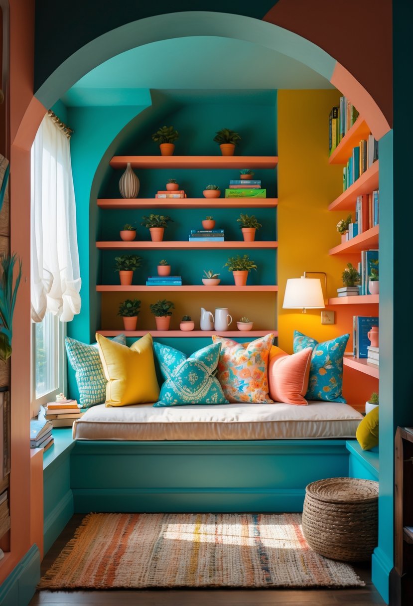 A cozy alcove reading nook with a built-in bench, colorful cushions, bookshelves, plants, and a window letting in natural light.