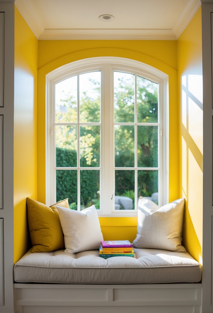 A sunny yellow window alcove with cushions and books, illuminated by natural light from a large window.