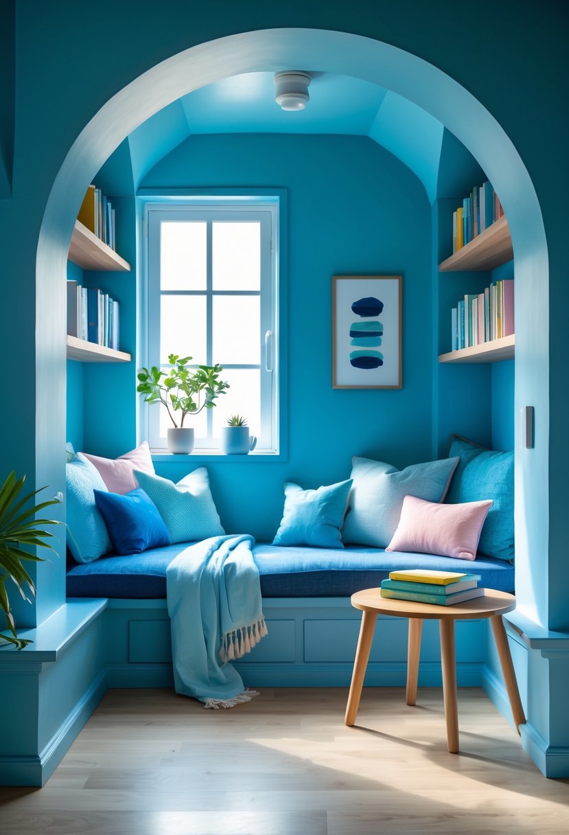 A cozy alcove with built-in seating, blue cushions, a small wooden table with books and a mug, and natural light coming through a window.