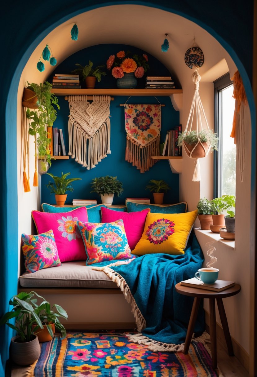 A cozy alcove reading nook with colorful cushions, bookshelves, plants, and warm natural light.