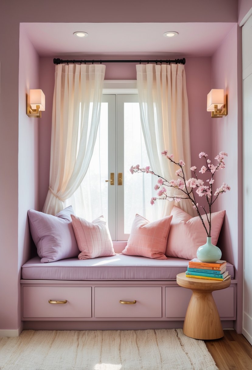 A bedroom alcove with pastel pink walls featuring a cushioned bench, pillows, a small table with books and flowers, and a floor lamp by a window.