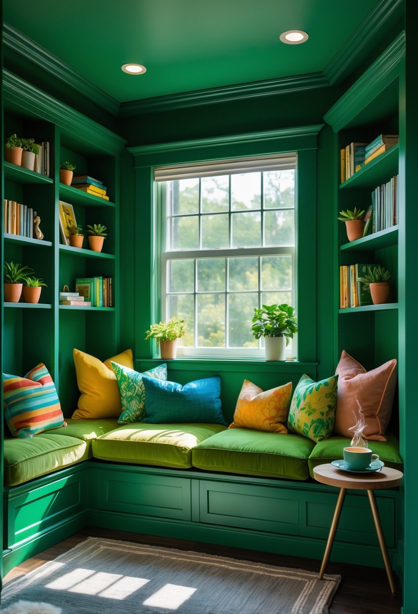 A built-in reading nook alcove with emerald green walls, cushions, bookshelves, and a window letting in natural light.