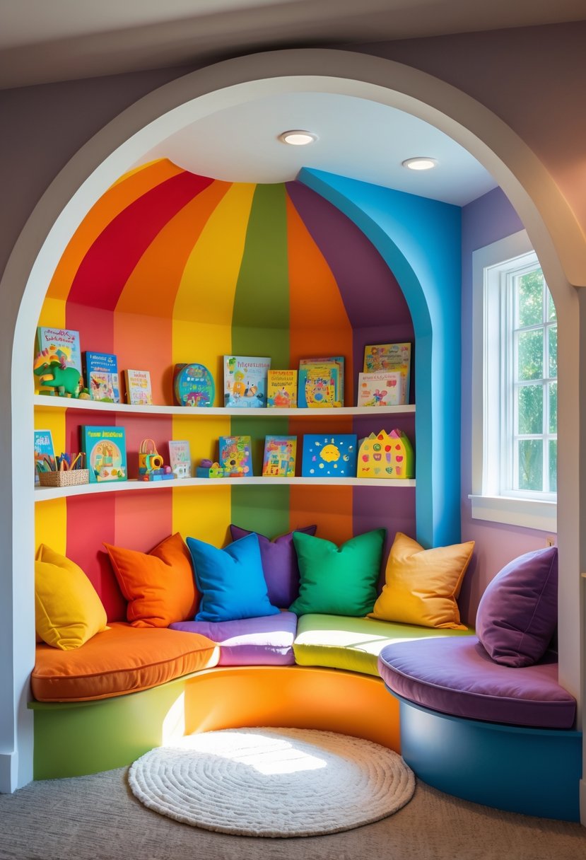 A colorful children's alcove reading nook with rainbow cushions, bookshelves filled with books, and soft pillows in a cozy space.