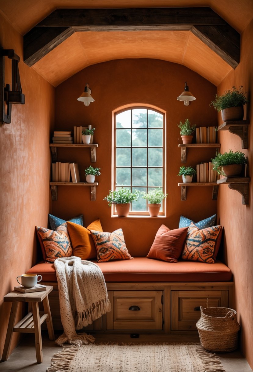 A cozy terracotta-colored alcove with a wooden bench, colorful cushions, bookshelves, and a small side table with a cup and lamp.