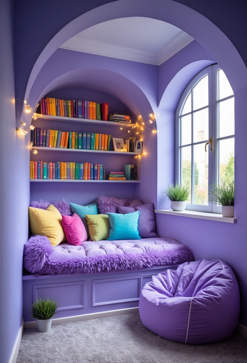 A cozy lavender-themed reading nook with cushions, pillows, a bookshelf, and soft natural light.