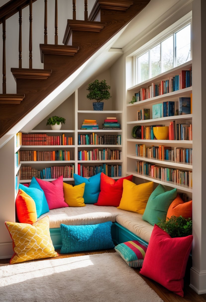 A cozy under stair alcove reading nook with colorful cushions, shelves filled with books, and natural light.