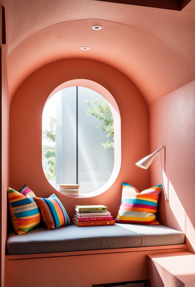 A cozy alcove with a built-in cushioned bench, colorful pillows, books, and a reading lamp illuminated by natural light.