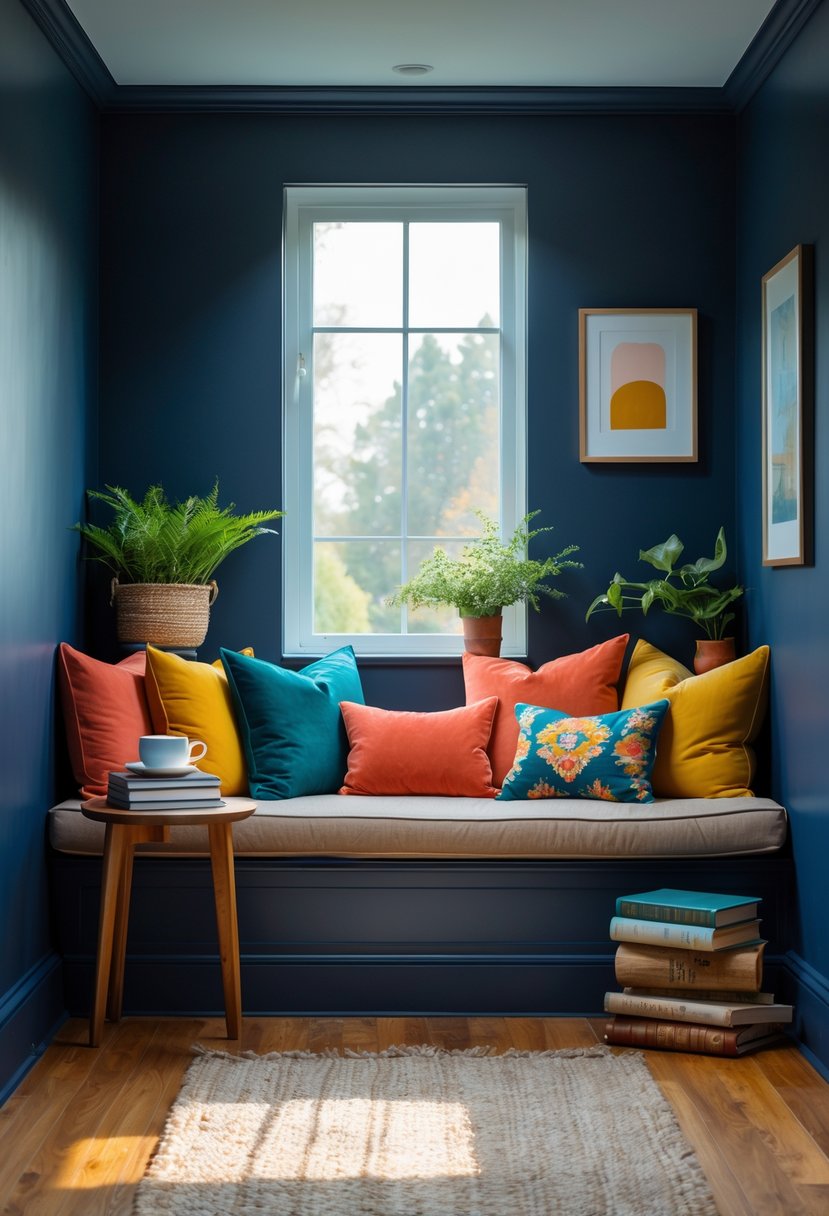 A cozy alcove reading nook with colorful pillows in a navy blue living room, featuring a small wooden table with books and a cup of tea.