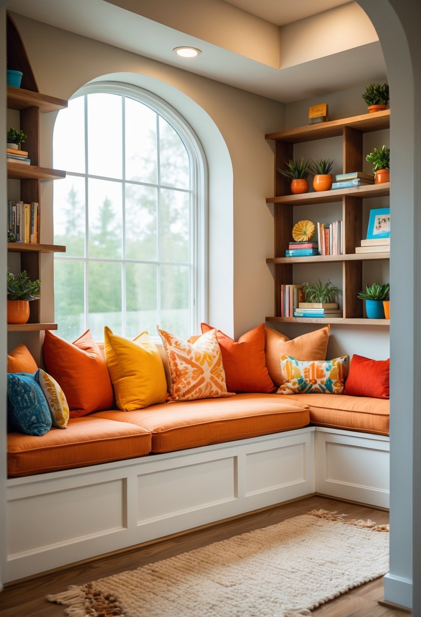 A cozy reading nook with orange cushions on a bench by a window, surrounded by bookshelves and colorful pillows.