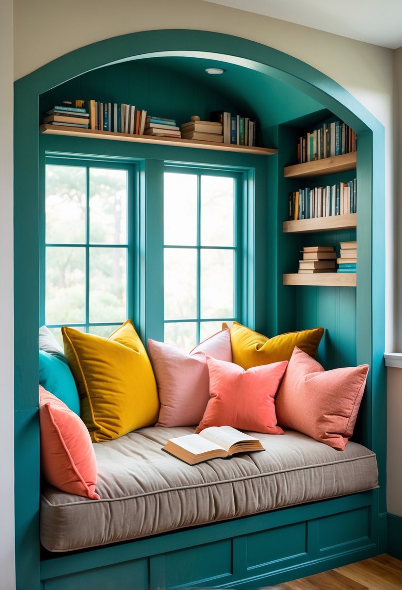 A cozy teal alcove reading nook with colorful cushions and books in a bright, inviting space.