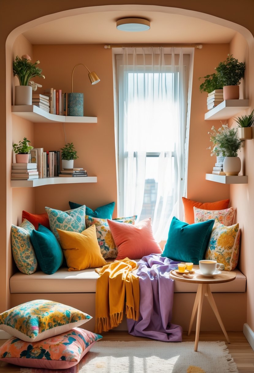 A cozy colorful reading nook in an apartment alcove with cushions, bookshelves, plants, and a small side table by a window.