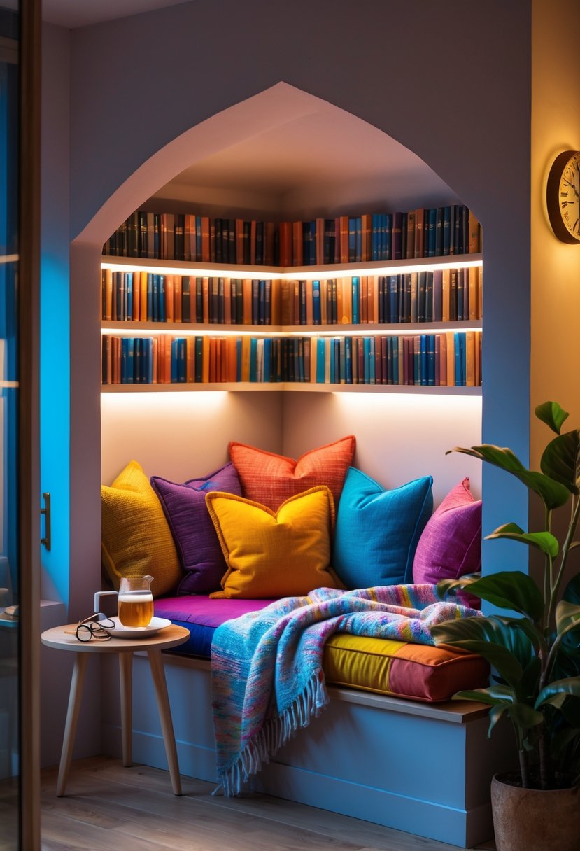 A cozy alcove reading nook with colorful pillows, soft lighting, bookshelves, and a small side table with a cup of tea.