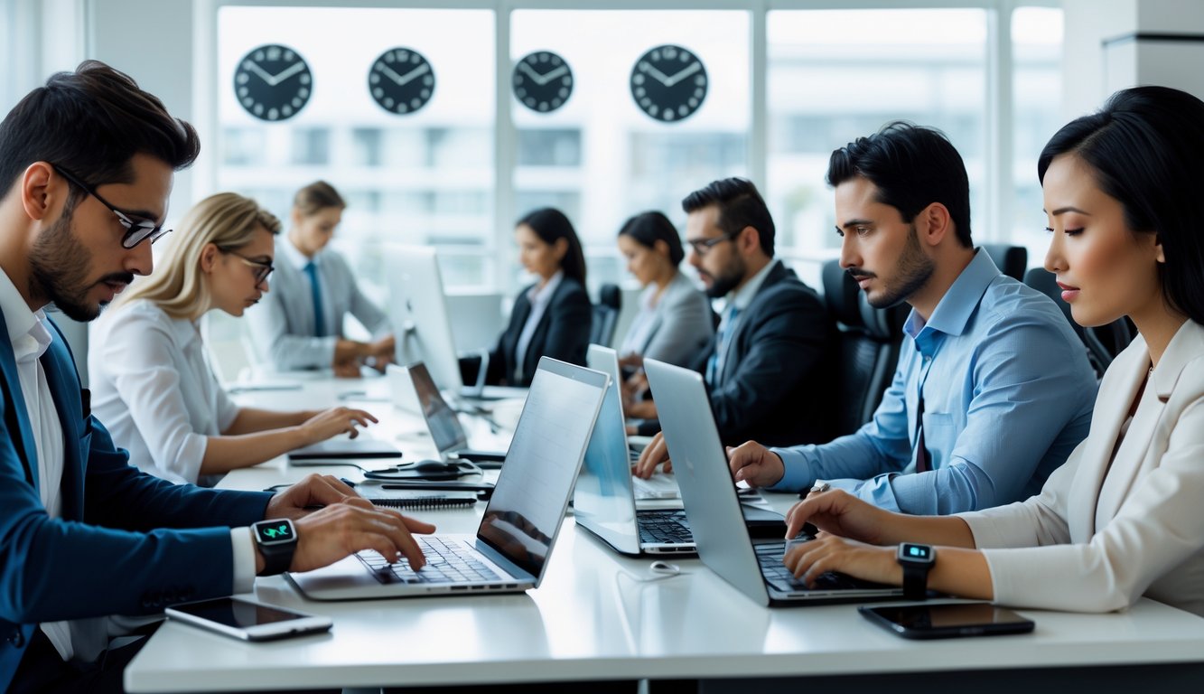 Beberapa pekerja sibuk di kantor modern menggunakan perangkat digital dan alat perencanaan untuk mengatur waktu mereka.