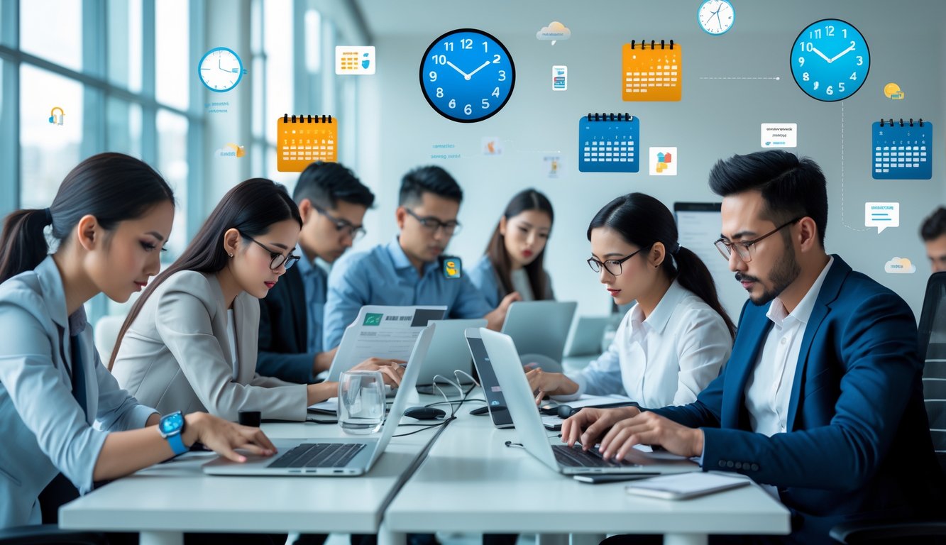 Kelompok pekerja sibuk di kantor modern menggunakan perangkat digital dan melihat jam serta kalender untuk mengatur waktu mereka.