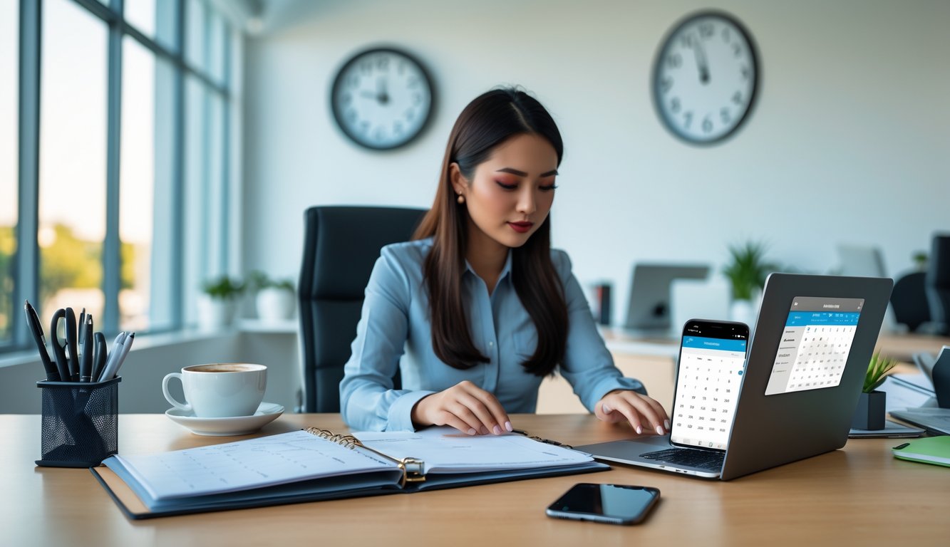 Seorang wanita muda Indonesia duduk di meja kantor modern, sedang mengatur jadwal dengan planner dan laptop terbuka menampilkan kalender, di meja terdapat alat tulis rapi dan secangkir kopi, di latar belakang jendela besar dengan cahaya alami dan jam dinding terlihat.