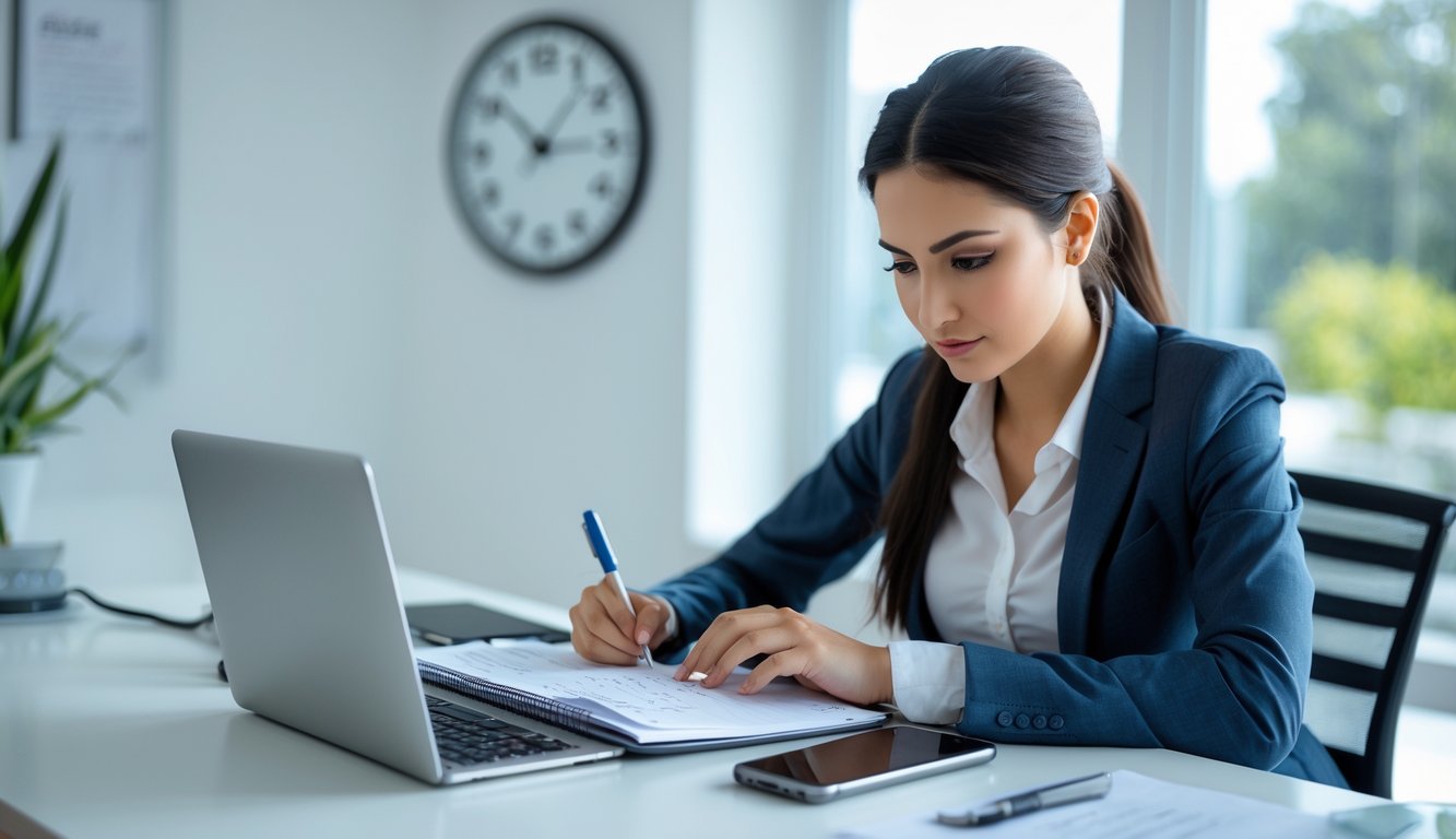 Seorang profesional muda duduk di meja kerja dengan laptop dan buku catatan, fokus mengatur jadwal di ruangan kantor yang terang dan rapi.