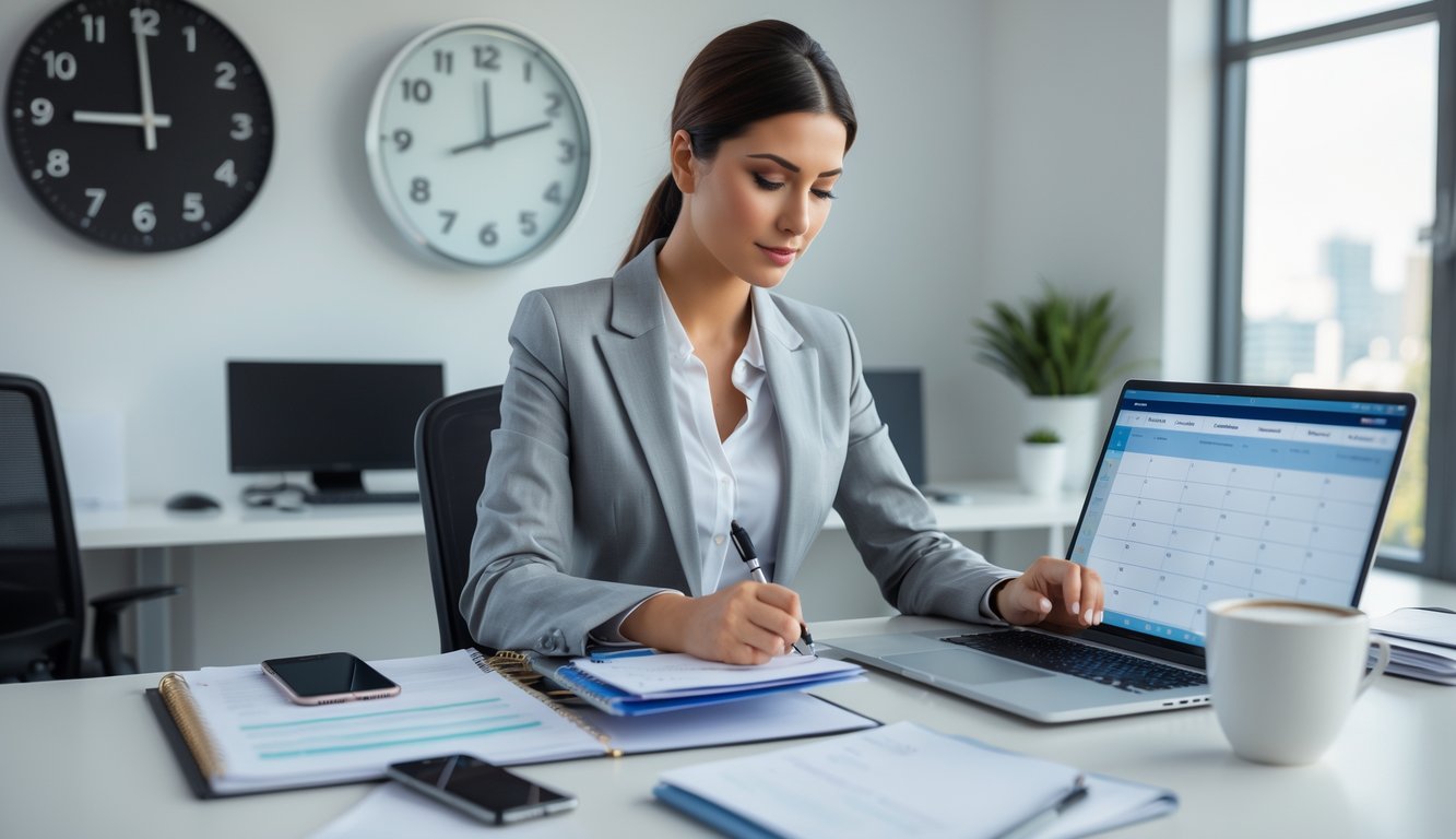 Seorang wanita bisnis duduk di meja kantor modern sambil menulis di planner dengan laptop dan jam dinding terlihat di latar belakang.