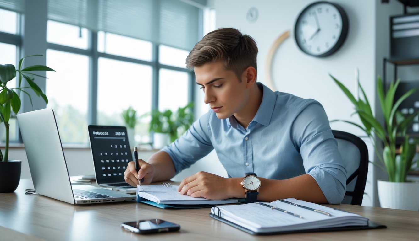 Seorang profesional muda sedang menulis di buku catatan di meja kantor yang rapi dengan laptop, jam dinding, dan tanaman di latar belakang.