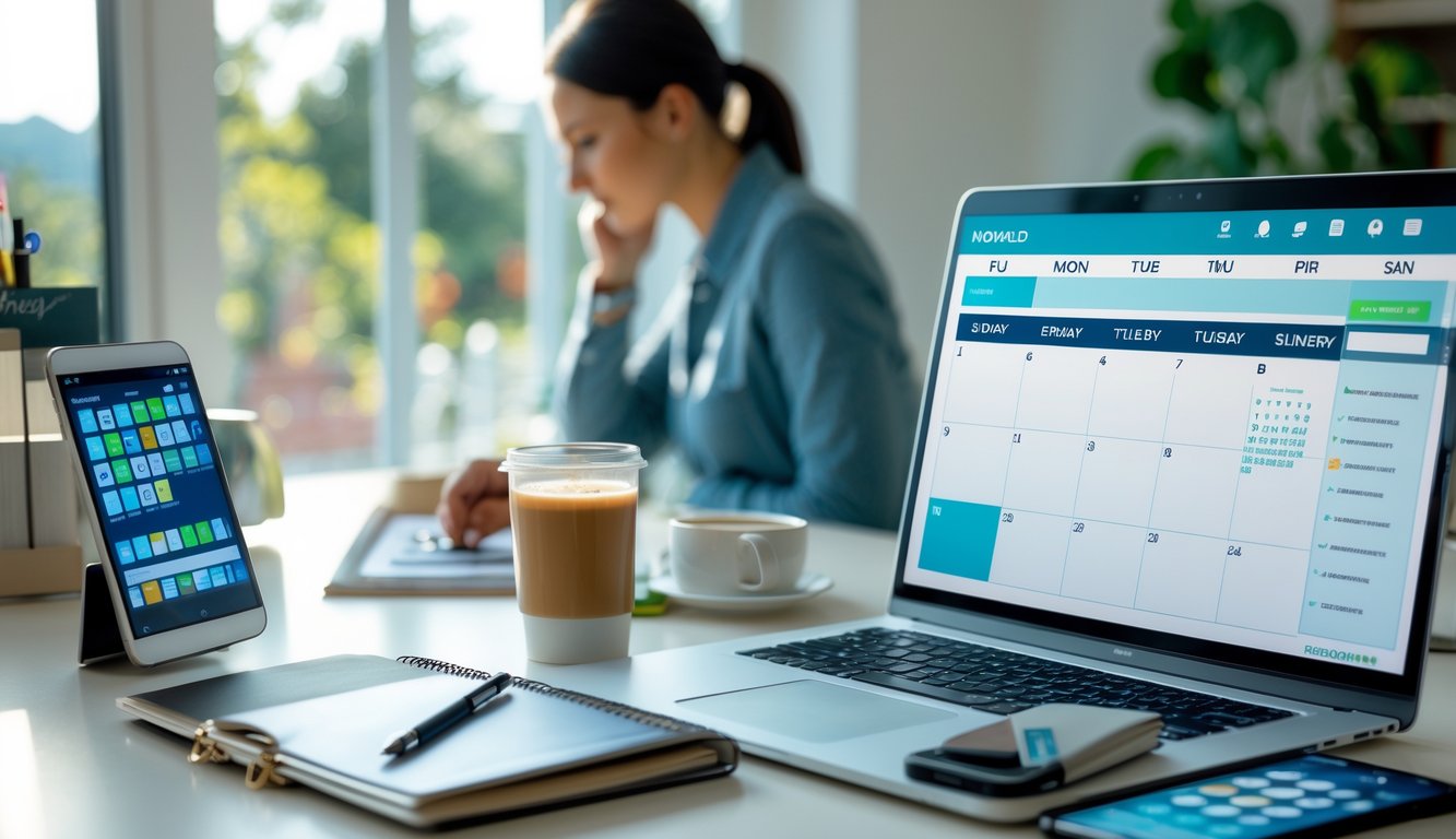 Seseorang merencanakan jadwal harian di meja kerja yang rapi dengan planner, laptop, dan ponsel.