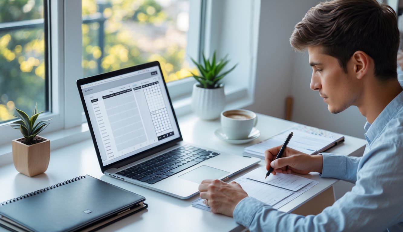 Seorang freelancer sedang bekerja fokus di meja dengan laptop, planner, dan ponsel di ruang kerja yang rapi dan terang.