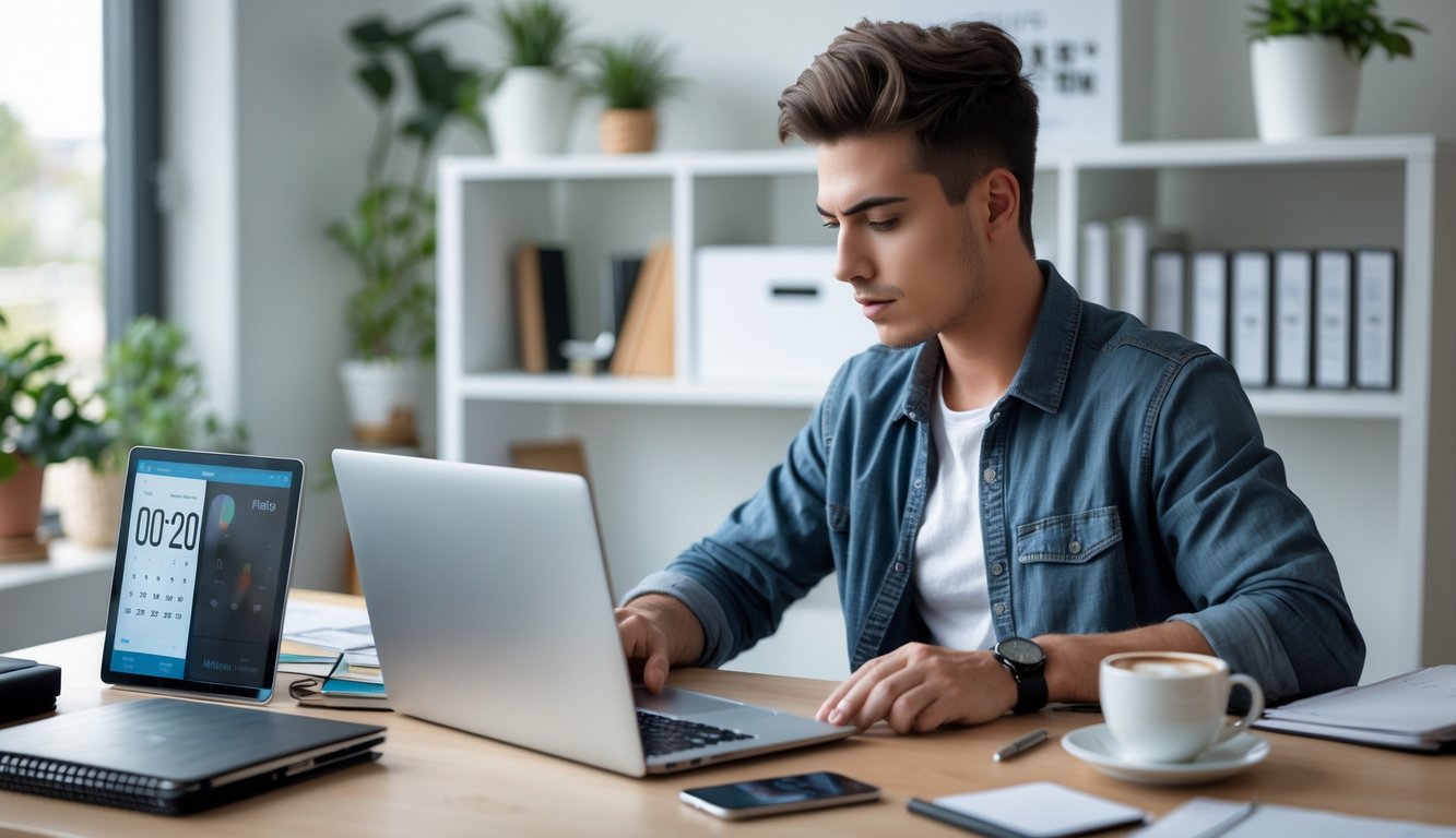 Seorang freelancer sedang bekerja fokus di meja kerja dengan laptop dan alat produktivitas di sekitar, menunjukkan suasana kerja yang terorganisir dan terkelola waktu dengan baik.