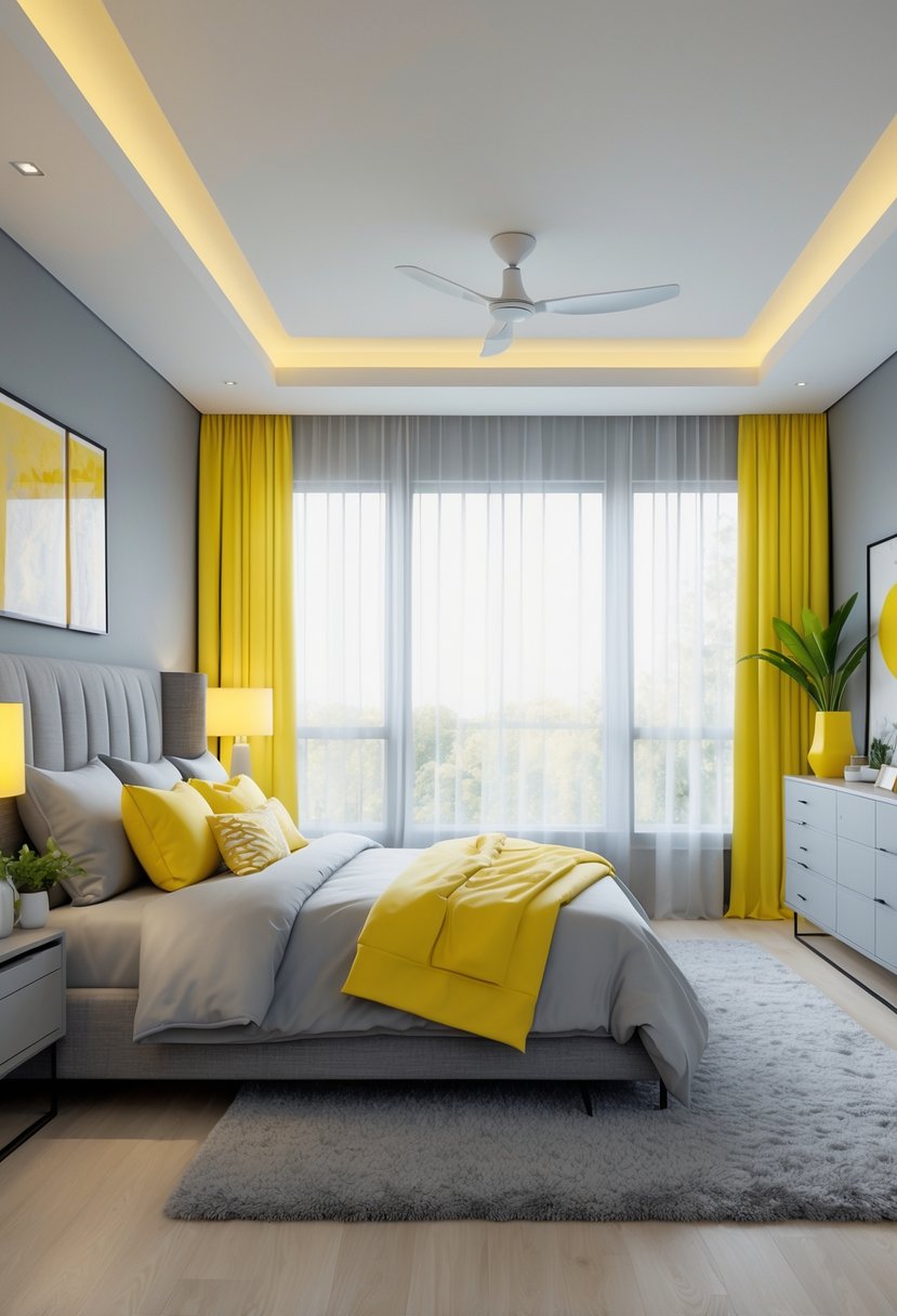 A spacious master bedroom with a grey bed and yellow bedding accents, large windows letting in natural light, and decorative plants on nightstands.