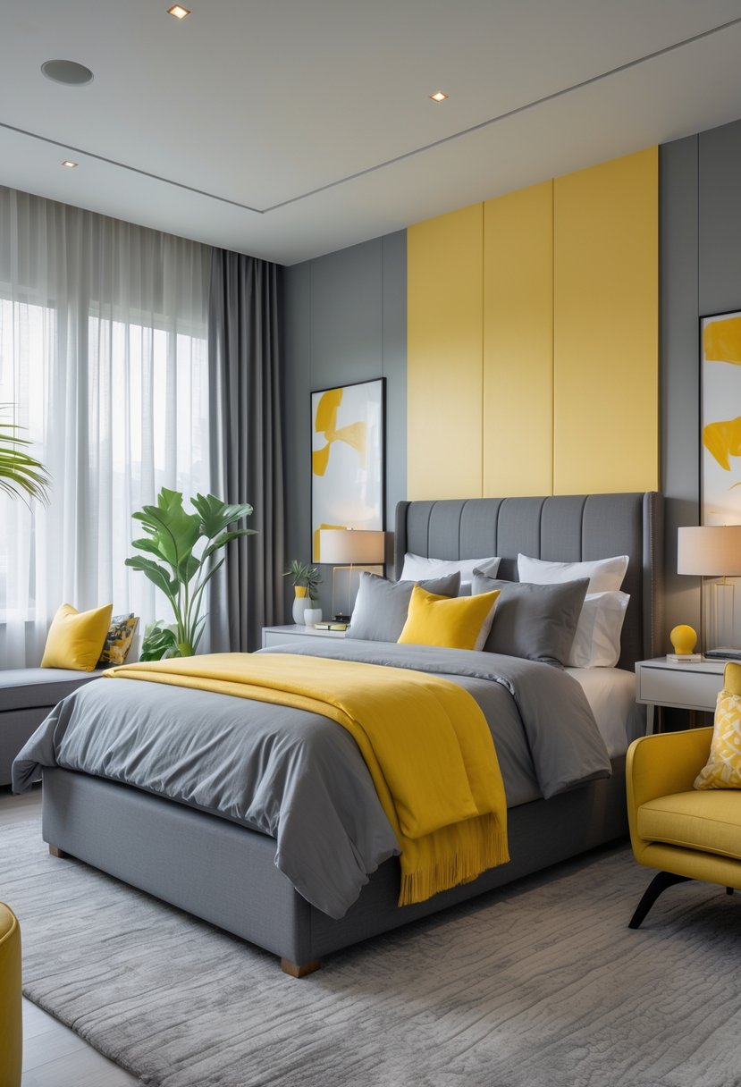 A master bedroom with a large bed, grey bedding, yellow pillows, and yellow accents, illuminated by natural light from large windows.