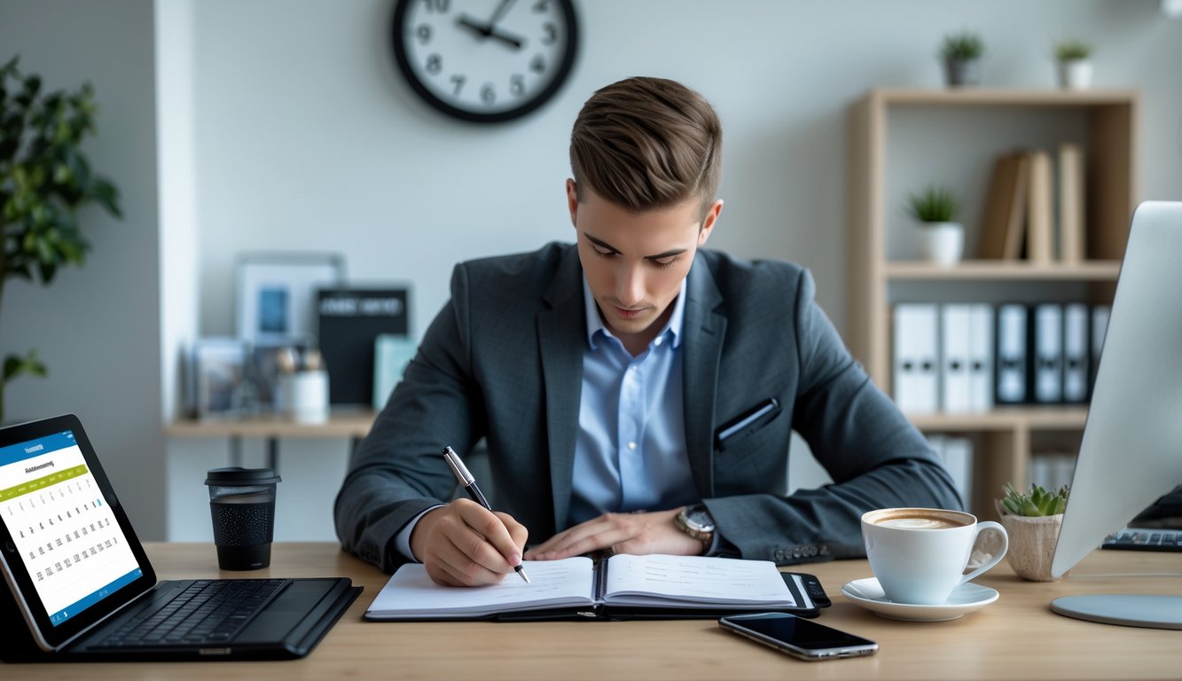 Seorang profesional muda sedang duduk di meja kantor yang rapi, menulis di buku catatan dengan alat perencanaan di sekitarnya, menunjukkan fokus dan pengelolaan waktu yang baik.