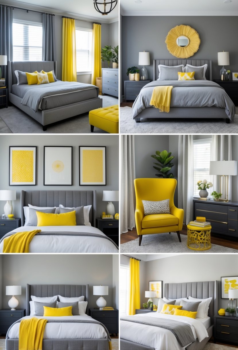 A master bedroom with grey walls and bedding accented by yellow pillows and decor, featuring a bed, armchair, bedside tables, plants, and artwork.