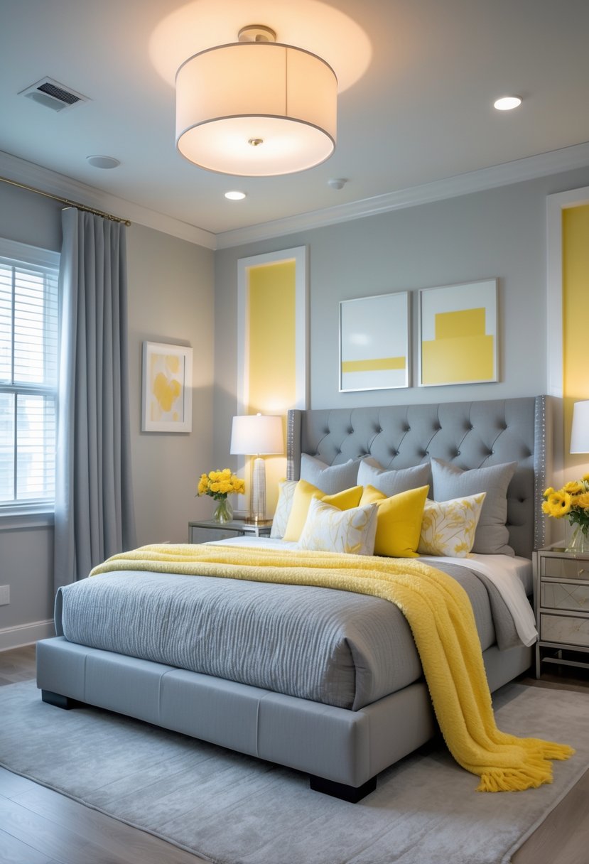 A master bedroom with a large bed featuring grey and yellow bedding, bedside tables with lamps, a window with curtains, and decorative accessories on tables.