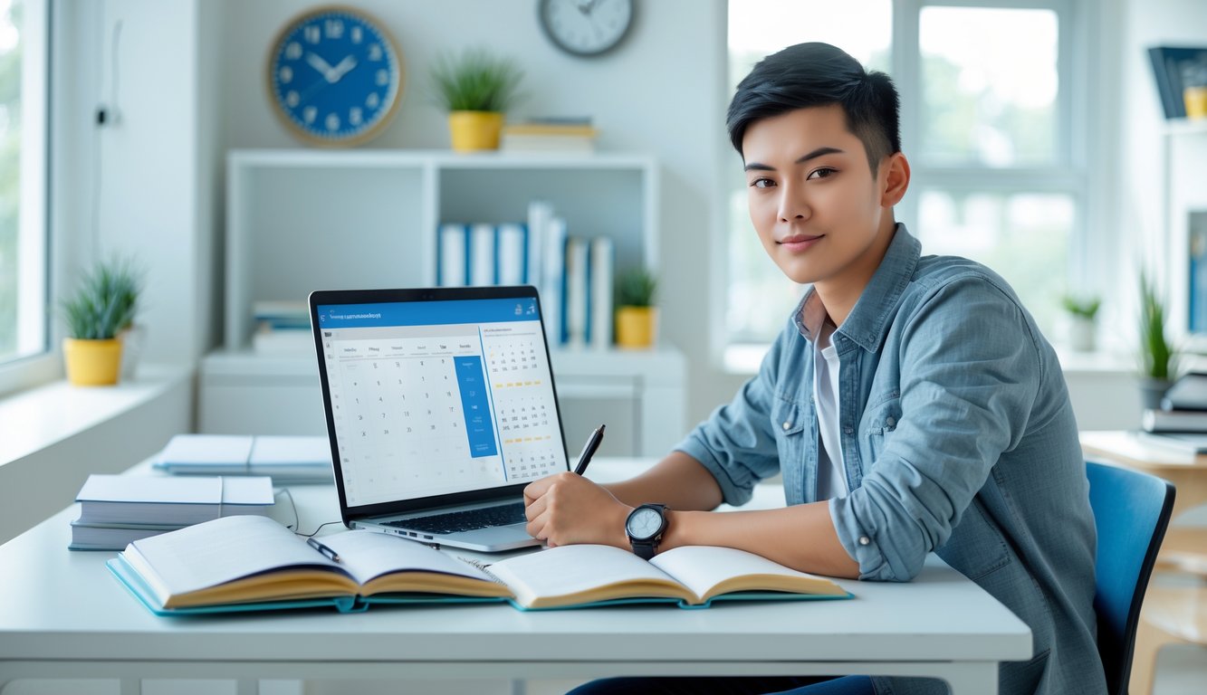 Seorang mahasiswa sedang duduk di meja belajar yang rapi dengan buku, laptop, dan ponsel, terlihat fokus mengatur jadwal dan waktu belajar.