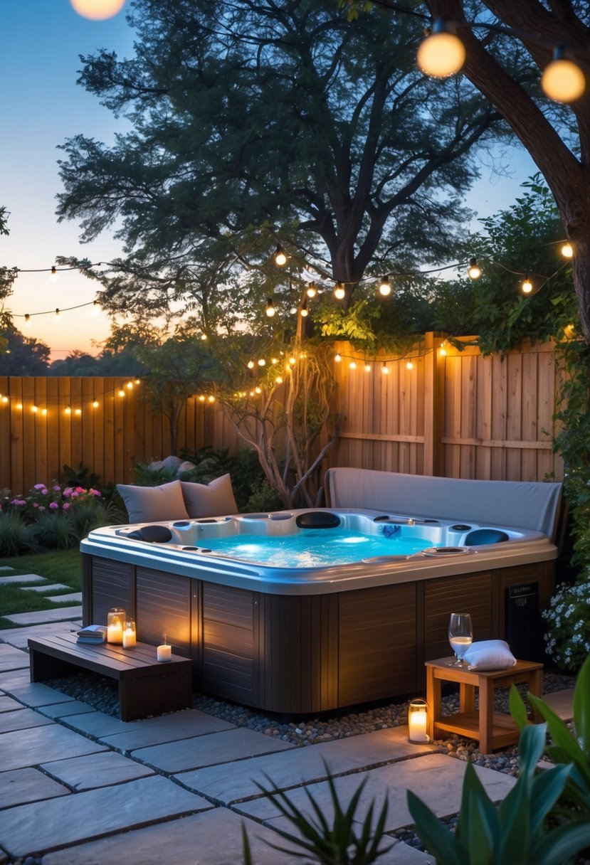 Backyard featuring a bubbling jacuzzi surrounded by stone decking, plants, outdoor seating, and warm string lights at sunset.