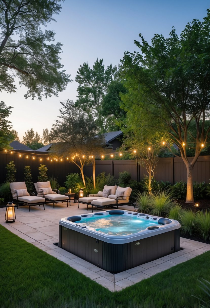 Backyard with a modern jacuzzi surrounded by greenery, lounge chairs, and soft outdoor lighting.