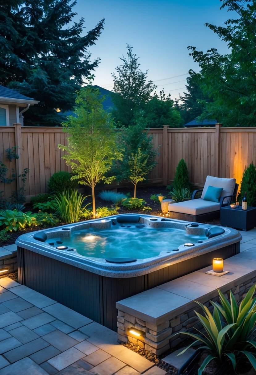 A backyard with a modern jacuzzi surrounded by plants, stone decking, and outdoor seating in a peaceful setting.