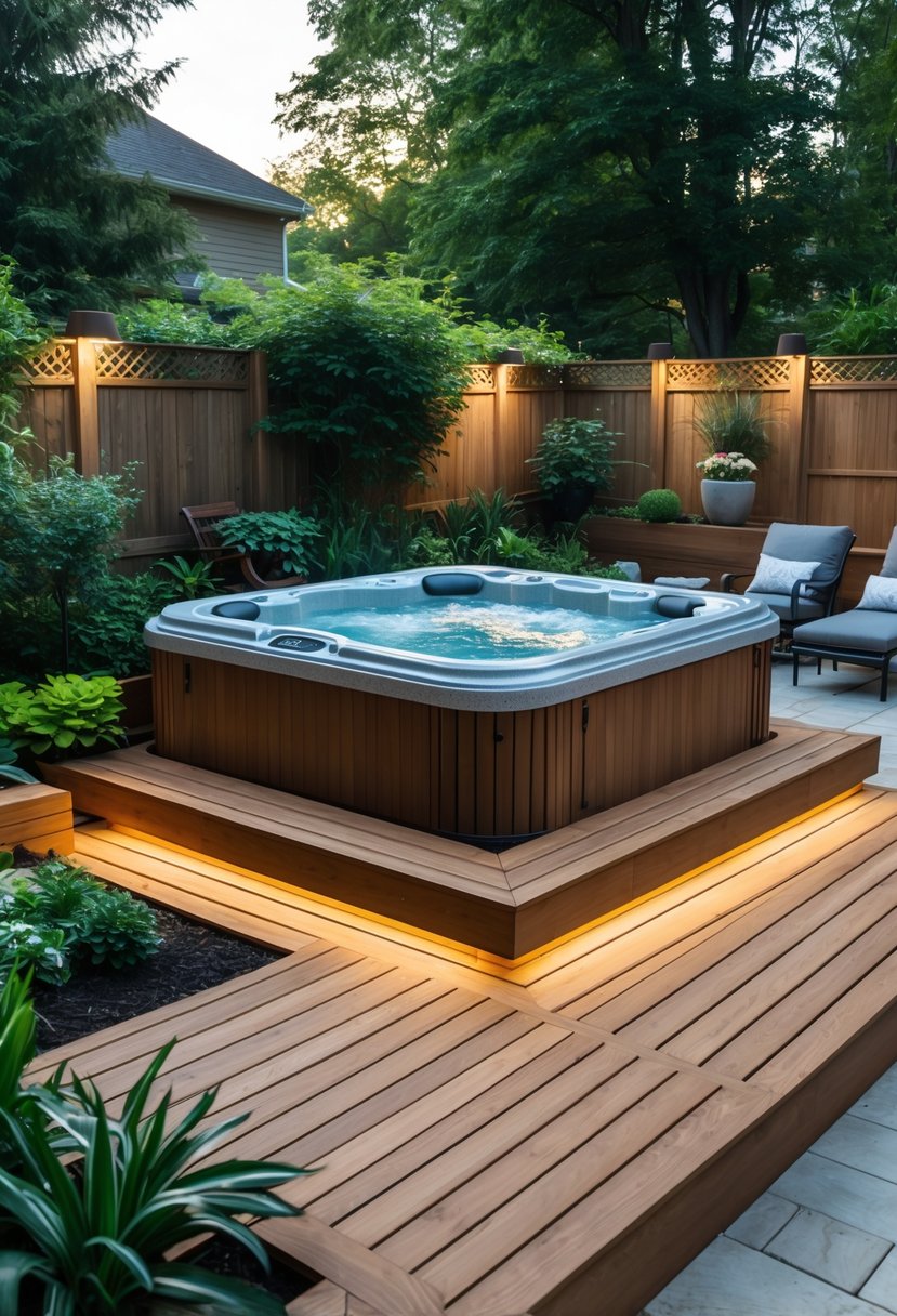 A backyard with a wooden deck surrounding a modern jacuzzi tub, lush garden plants, and comfortable outdoor furniture.