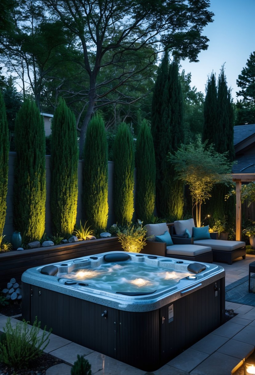 A backyard with a bubbling jacuzzi surrounded by tall greenery and outdoor seating creating a private and peaceful atmosphere.