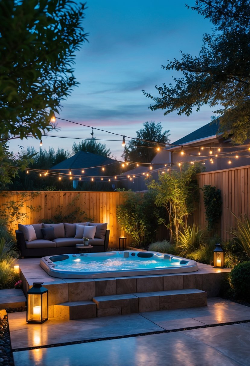 Backyard with a bubbling jacuzzi surrounded by plants and soft ambient lighting at dusk.