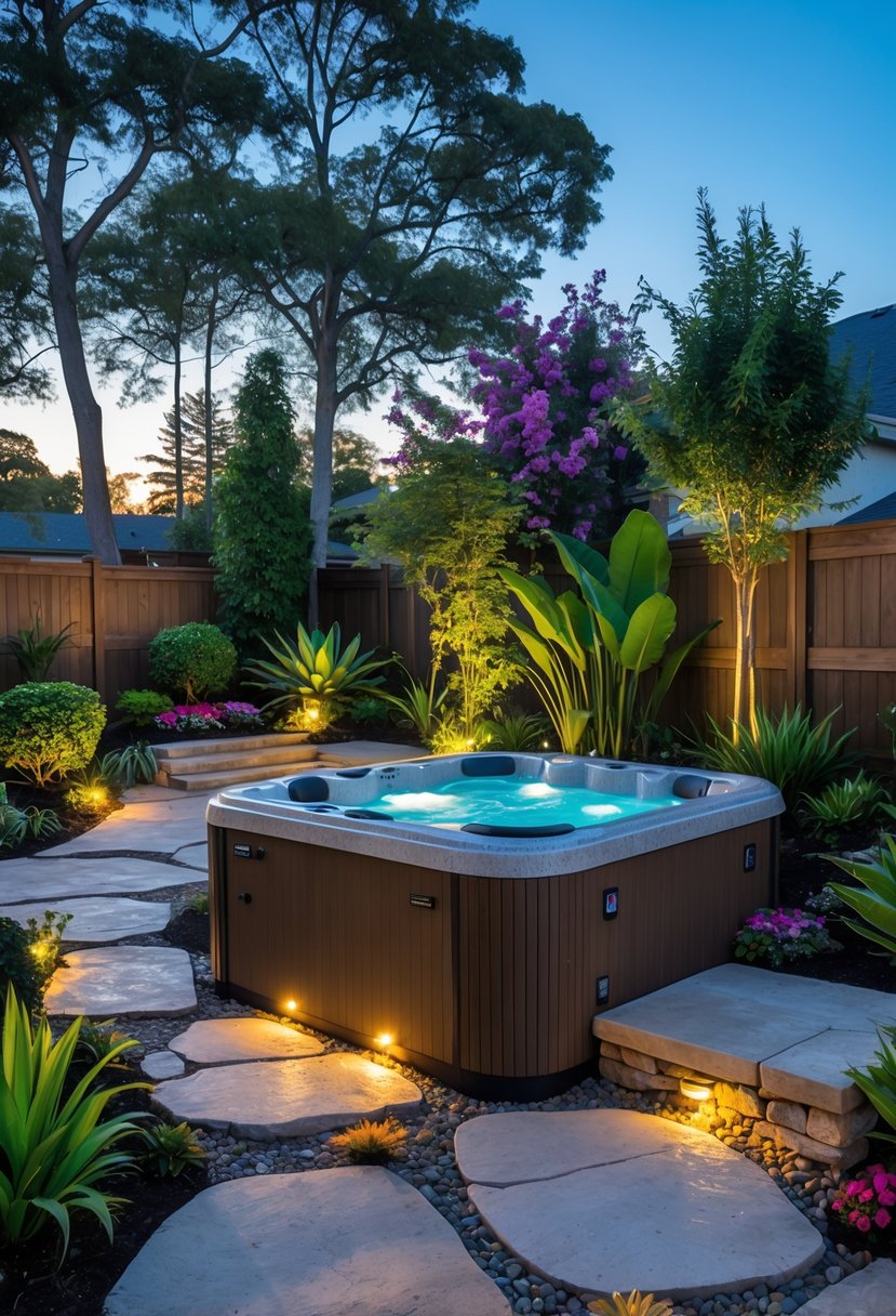 Backyard with a jacuzzi surrounded by plants, flowers, stone pathways, and trees creating a private outdoor oasis.