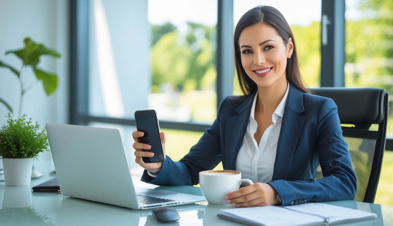 Seorang wanita bisnis duduk di meja kerja dengan laptop dan tanaman kecil di kantor yang terang dan rapi, menunjukkan keseimbangan antara kerja dan kehidupan.