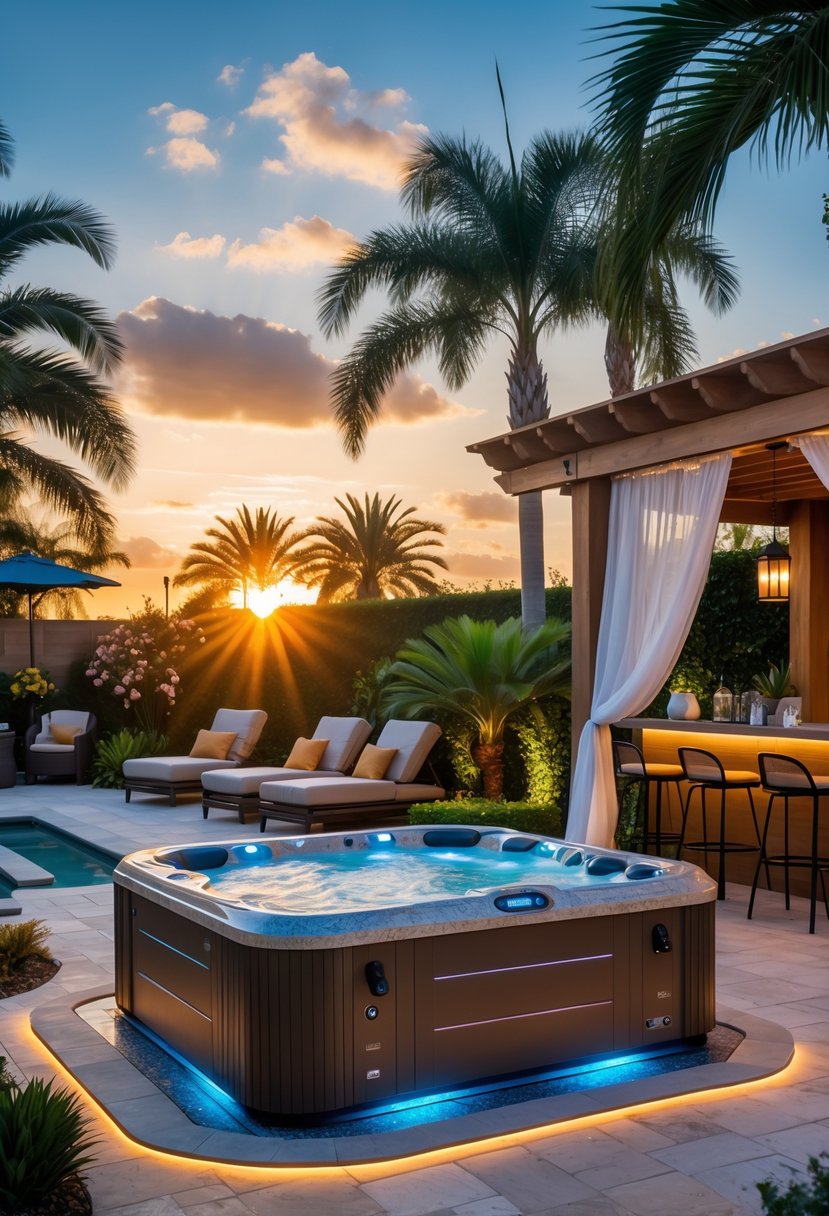A backyard with a modern jacuzzi surrounded by stone decking, lounge chairs, a pergola, and lush plants at sunset.
