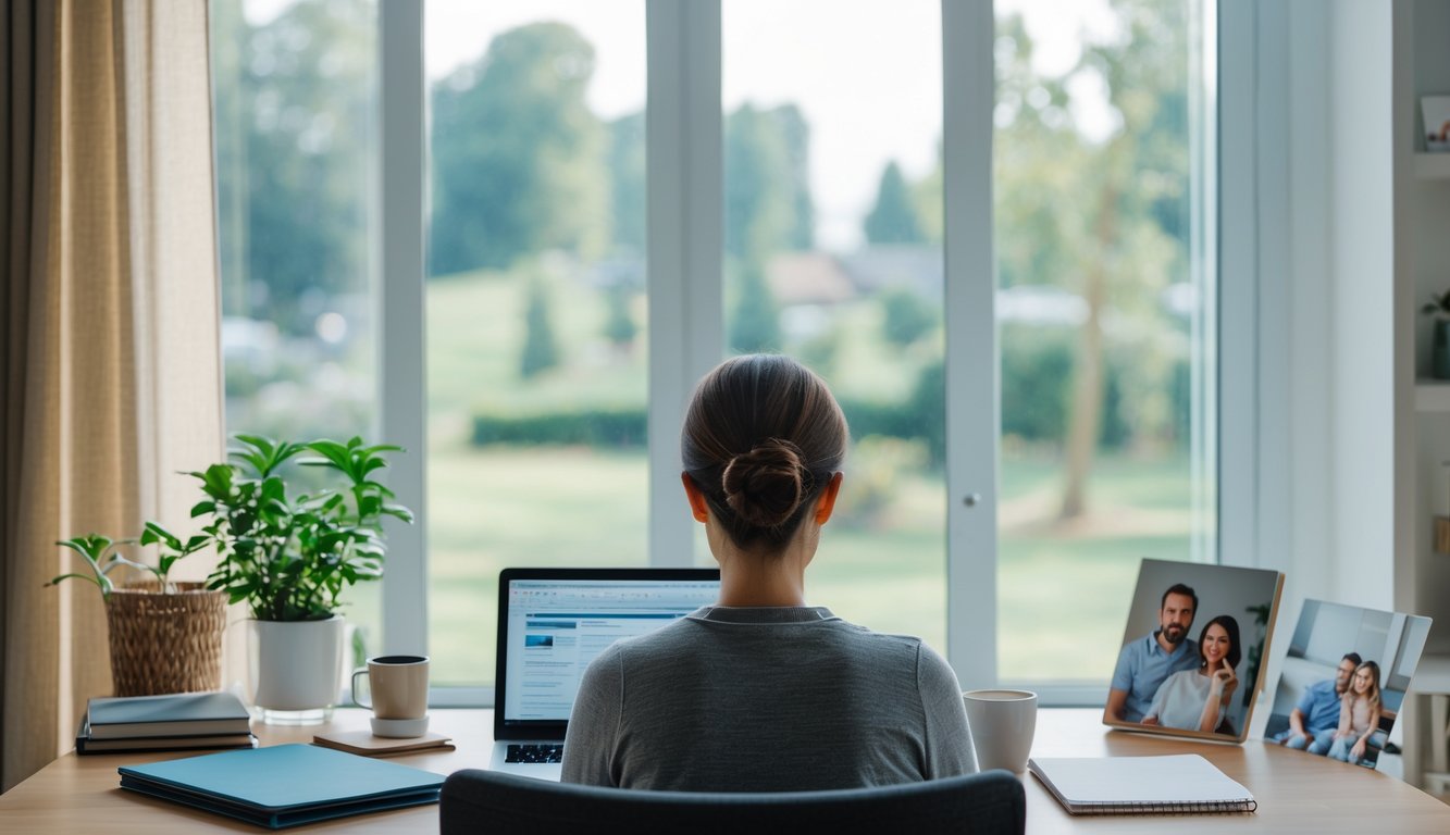 Seseorang sedang bekerja di meja dengan laptop di ruang kerja rumah yang terang, dikelilingi oleh barang-barang kerja dan elemen kehidupan pribadi, dengan jendela yang menampilkan pemandangan luar yang tenang.