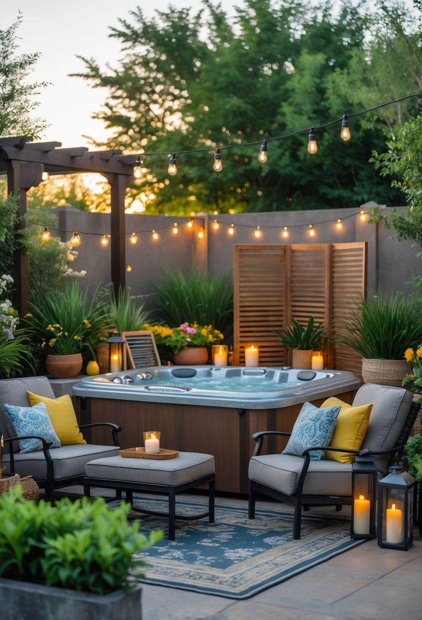 A backyard jacuzzi area decorated with lounge chairs, plants, string lights, and candles creating a relaxing outdoor space.