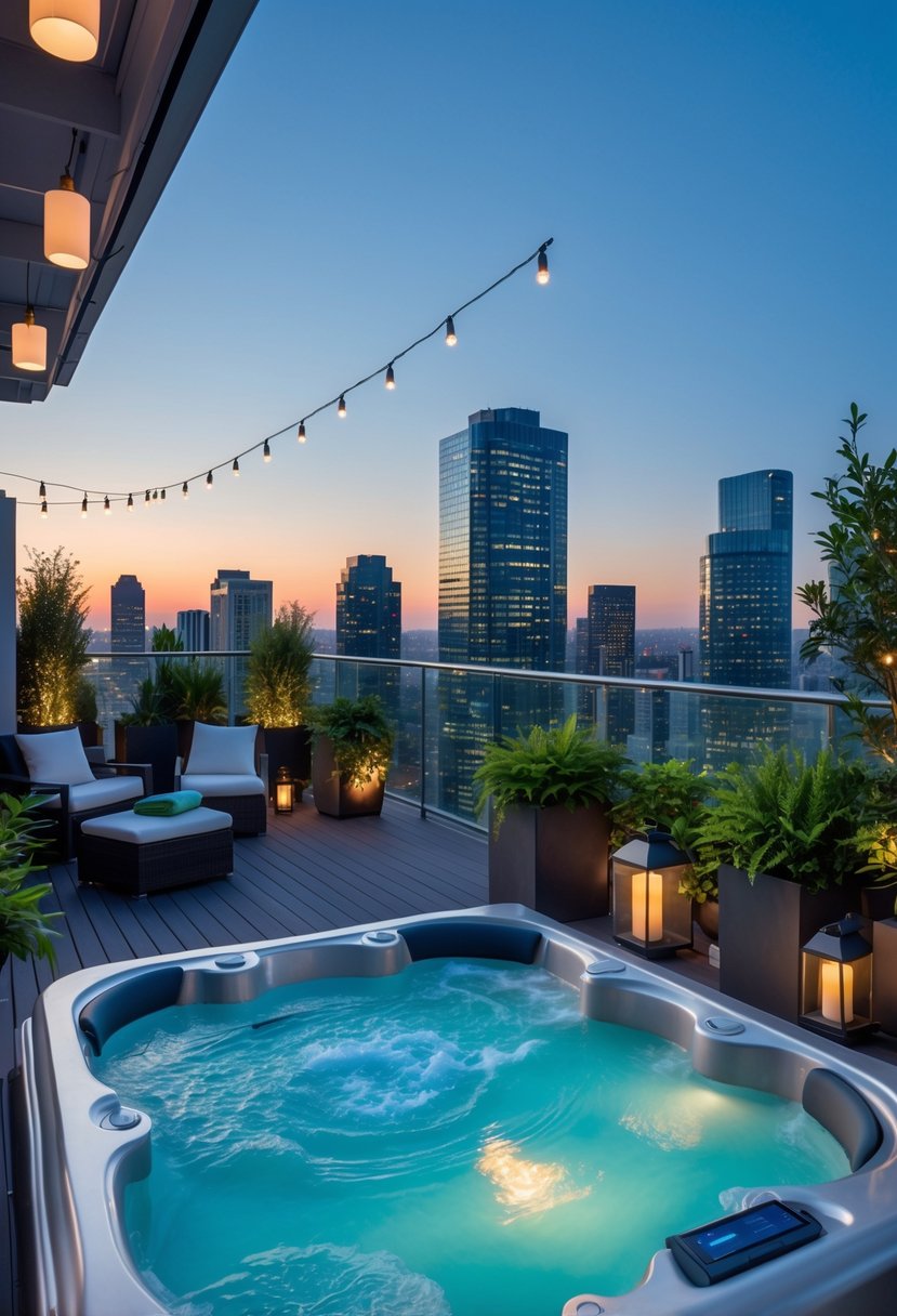 A rooftop balcony with a jacuzzi surrounded by plants, lounge chairs, and city buildings in the background at twilight.