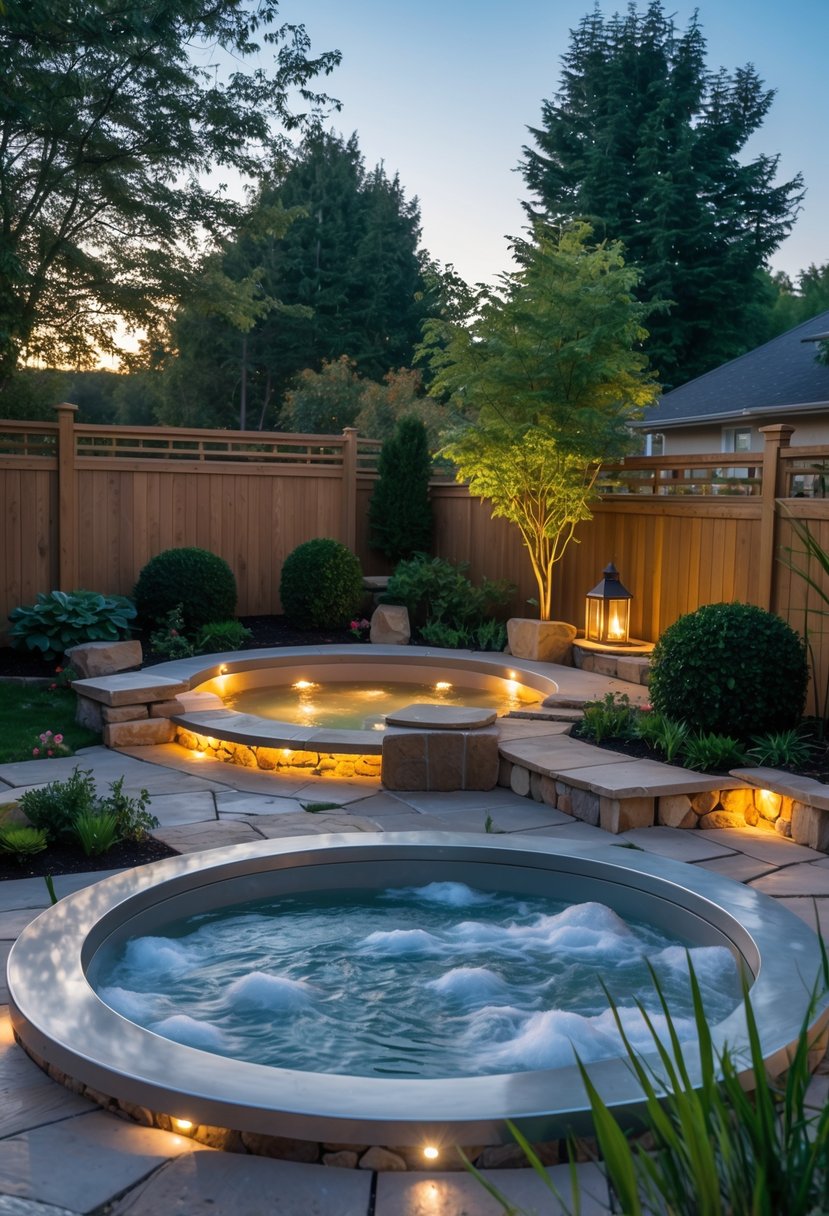 A backyard with a bubbling outdoor jacuzzi surrounded by plants and stone decking under soft lighting.