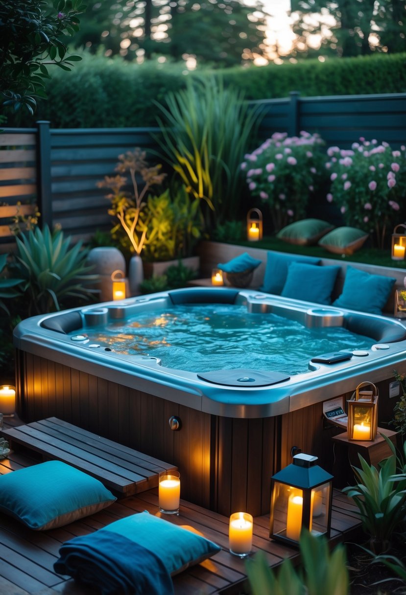 A backyard with a bubbling jacuzzi surrounded by plants, wooden decking, and comfortable seating, creating a relaxing outdoor space.