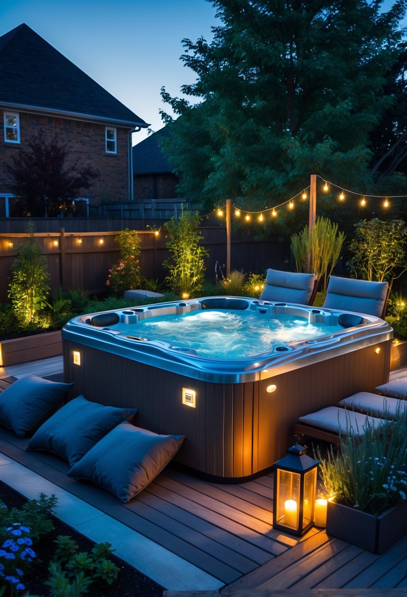 A backyard with a bubbling jacuzzi surrounded by wooden decking, lounge chairs, plants, and ambient lighting at dusk.