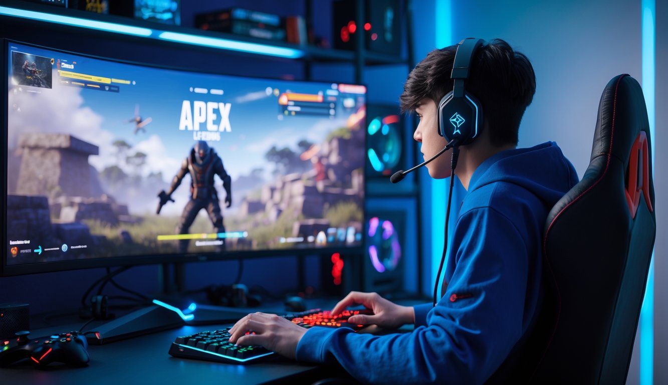 Seorang pemain muda sedang bermain game di ruang gaming dengan monitor besar dan headset, fokus pada permainan.